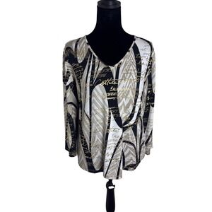 Alison Daley V-Neck Top Women Size Small Black White Gold Foil Script 3/4 Sleeve